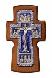 Крест настенный гальванический с серебрением и эмалью 18 см