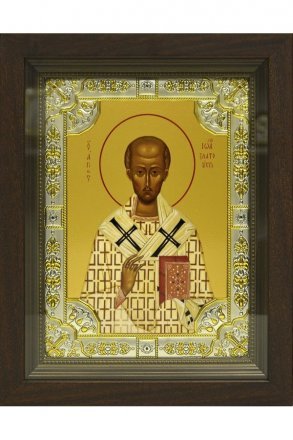 Икона Иоанн Златоуст 24x30 см в серебряном окладе со стразами в деревянном киоте