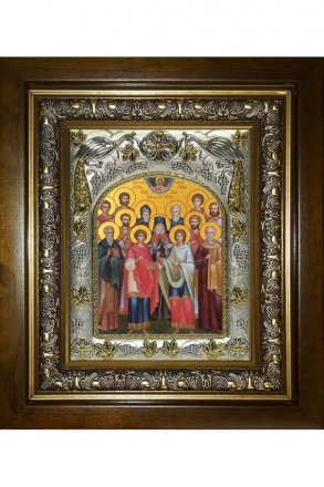 Икона Собор святых целителей, 14x18 см, в деревянном киоте 20х24 см