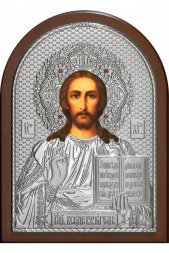 Икона Спаситель 20*14,5 см серебряная с гранатами
