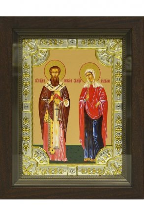 Икона Киприан и Устинья 24x30 см в серебряном окладе со стразами в деревянном киоте
