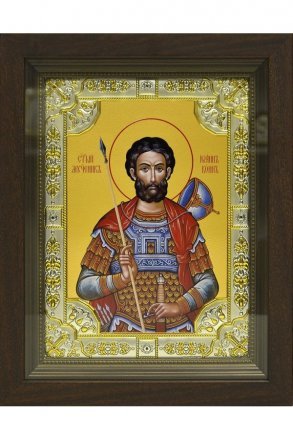 Икона Иоанн Воин Мученик 24x30 см в серебряном окладе со стразами в деревянном киоте