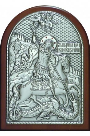 Икона Георгий Победоносец 20*14,5 см серебряная с гранатами