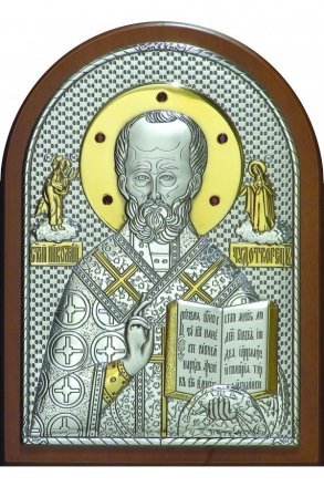 Икона Николай Чудотворец 14,5*20 см, серебряная с золотом и гранатами