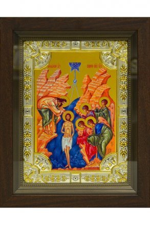 Икона Крещение (Богоявление) Господне 24x30 см в серебряном окладе со стразами в деревянном киоте