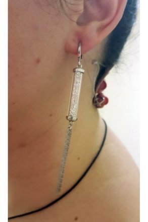 Серьги трубка из кварцевого стекла серебро 925 проба внутри стразы