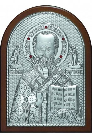 Икона Николай Чудотворец 20*14,5 см серебряная с гранатами
