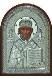 Икона Николай Чудотворец 34*25 см серебряная с гранатами, лик