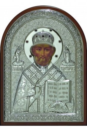 Икона Николай Чудотворец 34*25 см серебряная с гранатами, лик