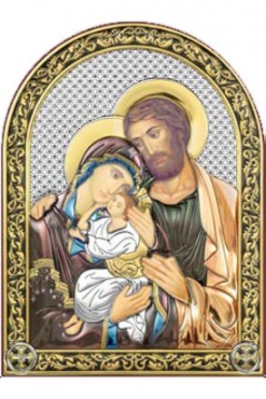 Икона Святое Семейство дорожная серебряная с позолотой и цветной эмалью, в кожаном чехле
