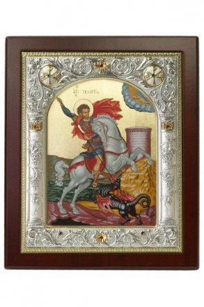 Икона Георгий Победоносец в серебряном окладе 17*14 см