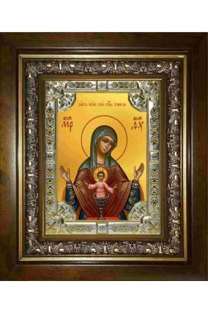 Икона Богородица Бысть Чрево Твое Святая Трапеза, 18x24 см, со стразами, в деревянном киоте