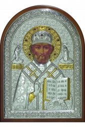 Икона Николай Чудотворец 25*34 см, лик, серебряная с золотом и гранатами